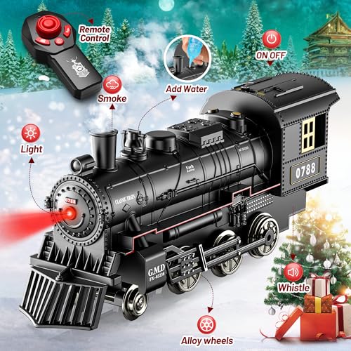 Hot Bee Train Set, Remote Control Train Toys with Luxury Track & Glowing Passenger Carriages, Metal Christmas Tree Train with Smoke, Light and Sound, Toy Train Set for 3 4 5 6 7+ Years Old Boys Gifts