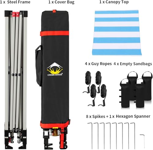 CROWN SHADES 10x10 Pop Up Canopy - Beach Tent with One Push Setup - Easy Outdoor Sun Shade for Events, Parties, Camping - Gazebo with STO-N-Go Cover Bag, Silver Coated Top, White