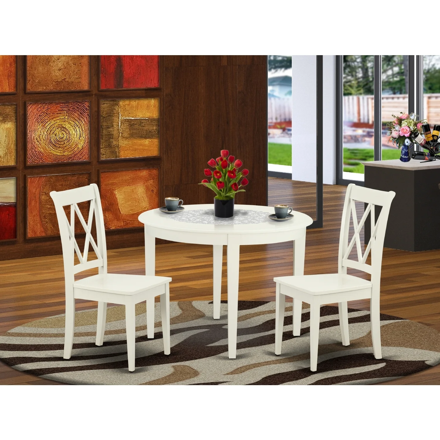 HomeStock Nordic Haven 3Pc Round 42 Inch Table And 2 Double X Back Chairs