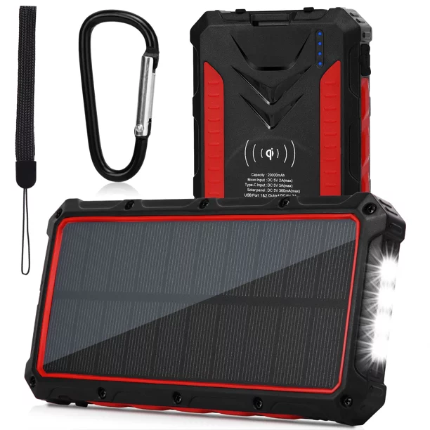 Heavy Duty Solar Power Bank, Qi Portable Charger 20,000mAh External Battery Pack Type C Input Port Four LED Flashlight, For Mate 30 RS Porsche Design With Solar Panel Charging