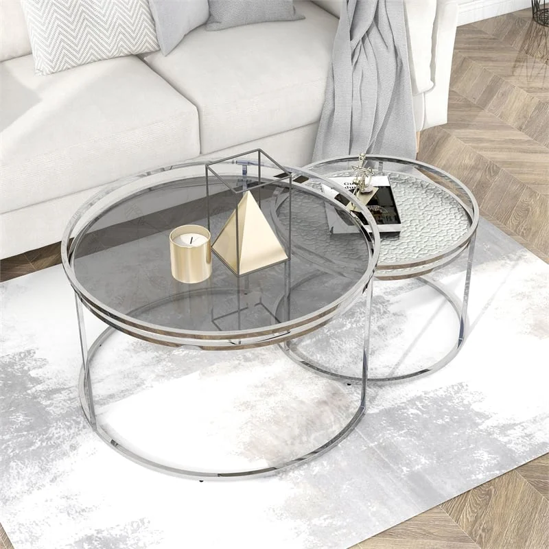 Bowery Hill Metal Glass Top 2-Piece Nesting Tables Set in Gray