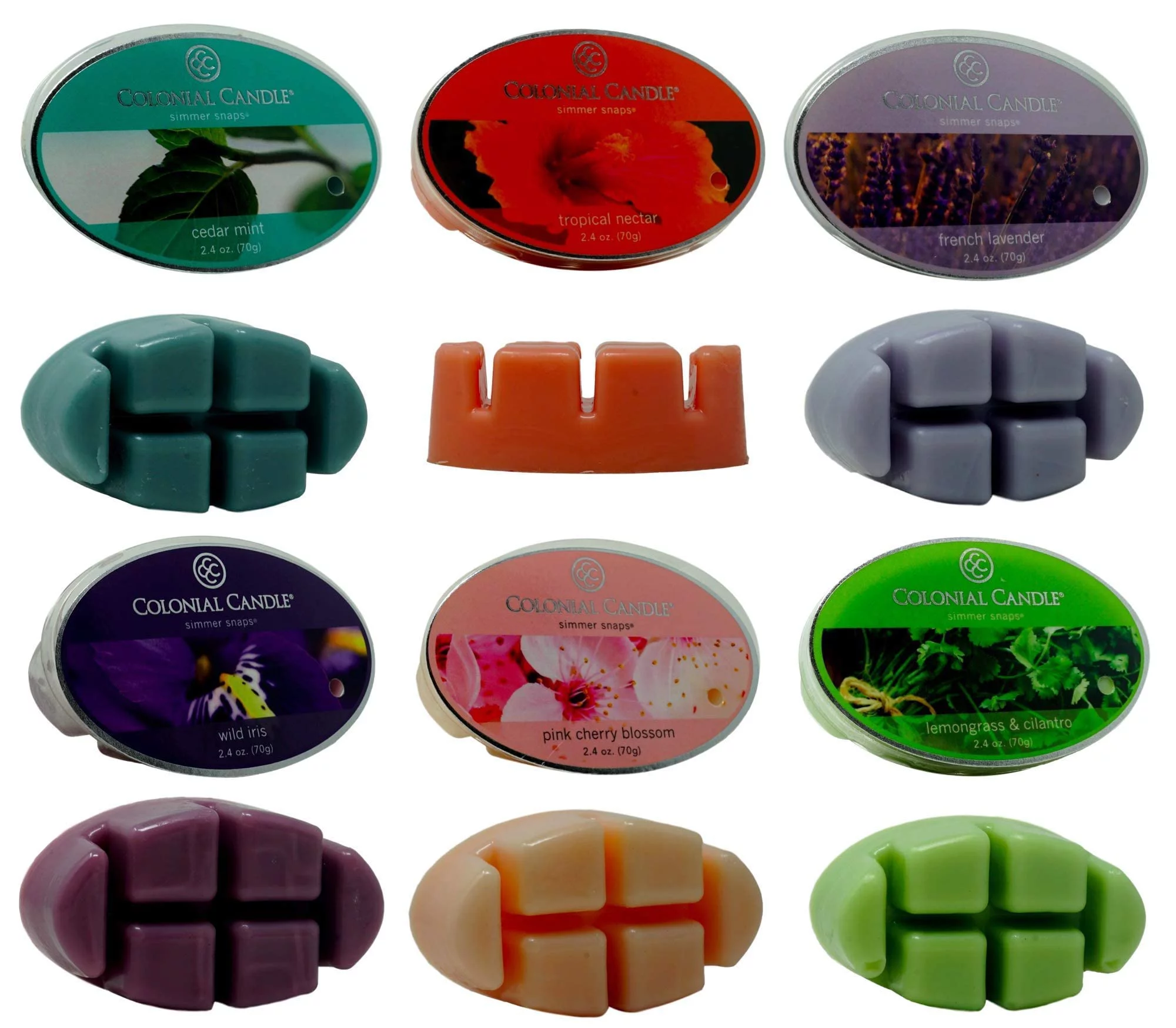 Wax Melts Floral Scents (6 Packs, 2.4 oz Each, 36 tarts) Simmer Snaps Cedar Mint, Lemongrass & Cilantro, Wild Iris, Pink Cherry Blossom, French Lavender, Tropical Nectar