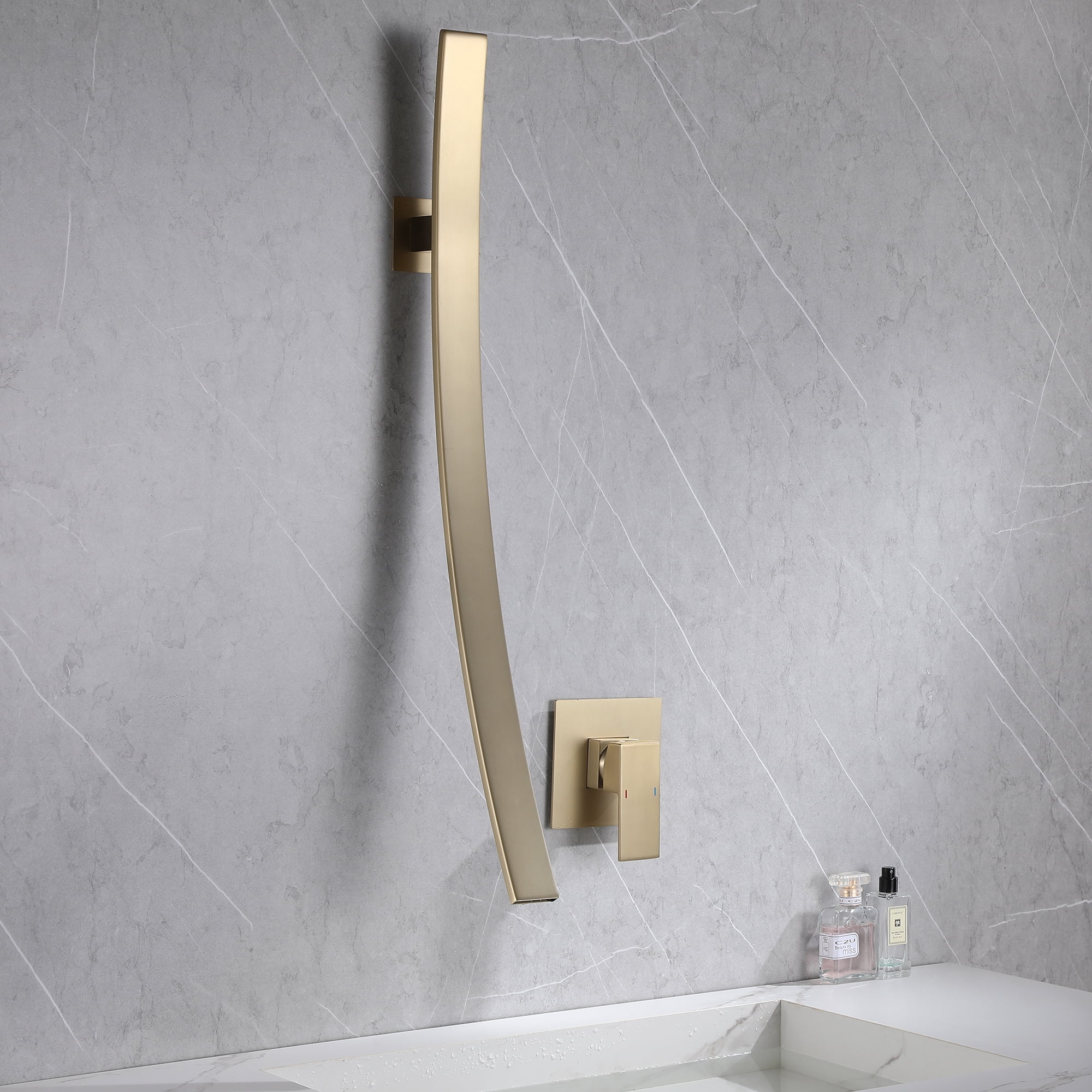 Waterfall Wall Mounted Bathroom Sink Faucet, Solid Brass Single Handle Faucet