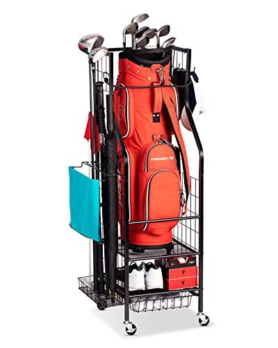 Golf Bags Storage Garage Organizer - Golf Bag Stand Fit Single Golf Bags, Golf Clubs, and Golf Equipment Accessories, Golf Bag Storage Rack with Wheels for Garage, Club, Shed, Basement
