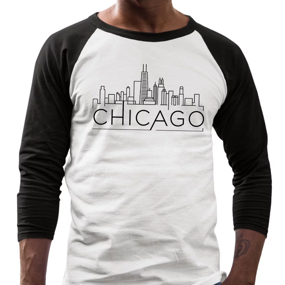 Skyline Chicago Illinois Three-Quarter Raglan Sleeve Baseball Shirt Unisex Small White/Black