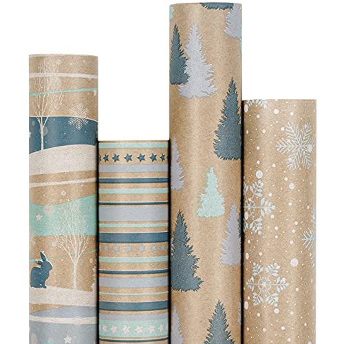 RUSPEPA Christmas Kraft Wrapping Paper - Owl, Reindeer, Christmas Ball and Text Design - 4 Rolls - 30 inches x 10 feet per Roll