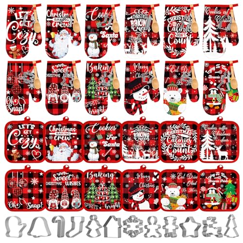 48 pcs Christmas Kitchen Oven Mitts Set Pot Holders Holiday Baking Gift Set with Cookie Cutters Wooden Spoons Merry Christmas Santa Snowman for Xmas Kitchen Supplies Cooking Lover Presents