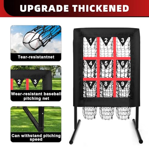 9 Hole Pitching Net with Strike Zone,Portable Softball Pitching Net,Baseball Pitching Net Height Adjustable Easy Setup Heavy Duty Baseball Softball Net for All Skill Levels&Age Pitcher Training