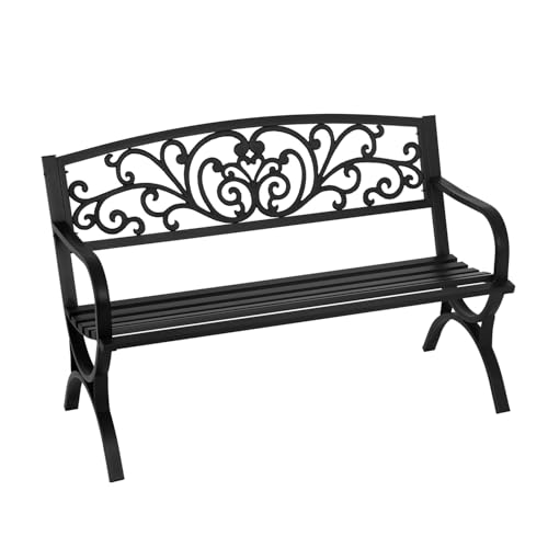 Garden Bench,Metal Outdoor Bench Park Bench with Plastic Mesh Backrest Armrests Sturdy Steel Frame for Patio Yard Porch Entryway Black