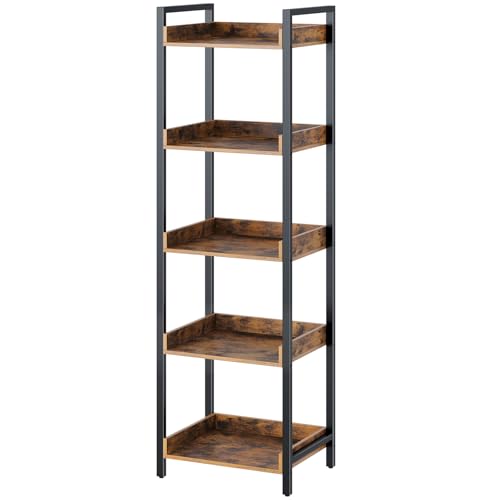 Rolanstar Bookshelf 6 Tier with 4 Hooks, Industrial Bookcase, Vintage Storage Rack with Open Shelves, Rustic Standing Bookshelves Metal Frame Display Rack for Living Room, Bedroom, Rustic Brown