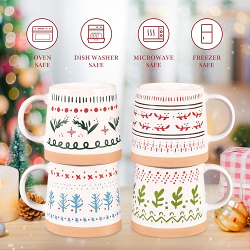 Maustic Christmas Mugs Set of 4, Holiday Coffee Mugs with Festive Christmas Themed Design, Hot Chocolate Hot Cocoa Cups, Family Gifts, 14 Oz