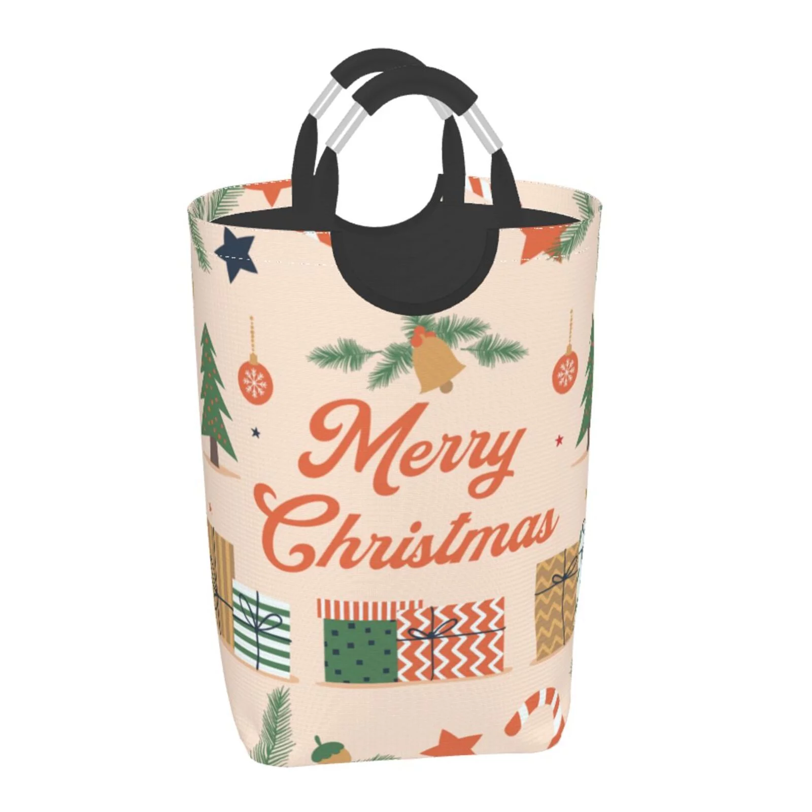 XMXT Collapsible Laundry Basket Hamper, Merry Christmas Flat Print Large Laundry Bag Clothes Hamper with Aluminum Handle, 50L