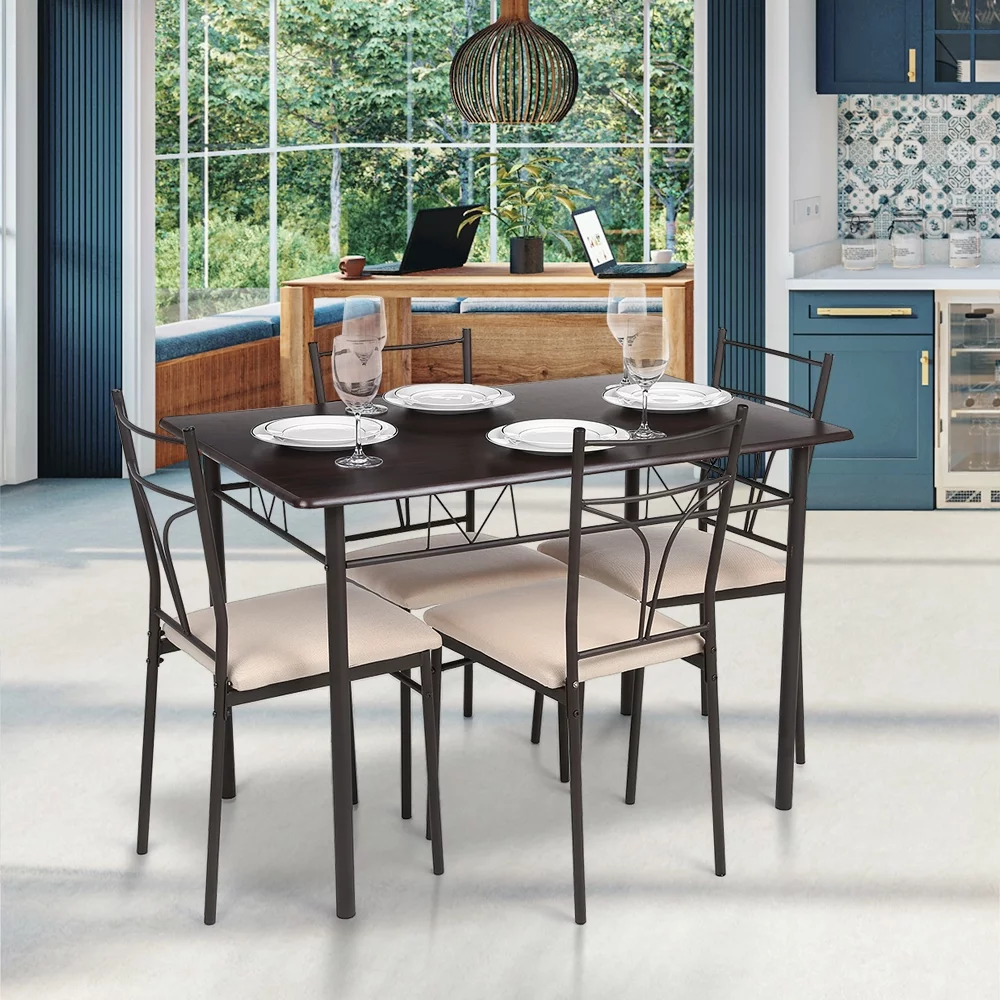 iKayaa 5-Piece Wood & Metal Dining Set, Modern Dining Chairs Set of 4