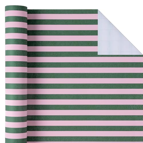 WRAPAHOLIC Kraft Wrapping Paper - Mini Roll - 17 Inch x 33 Feet - Green and Pink Stripe Wrapping Paper for Christmas, Birthday, Holiday, Wedding, Baby Shower