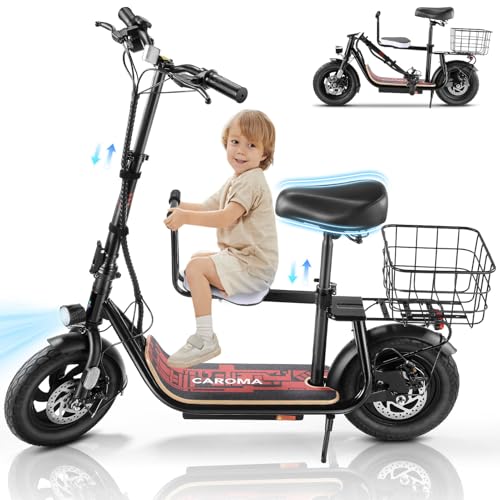 Caroma Peak 500W/800W/1200W Electric Scooter with Seat, 30 Miles Max Range Electric Scooter Adults&Teens, 48V Large Battery, 20MPH Top Speed Foldable Ebike, Adjustable E-Bike with Basket&Kid Seat
