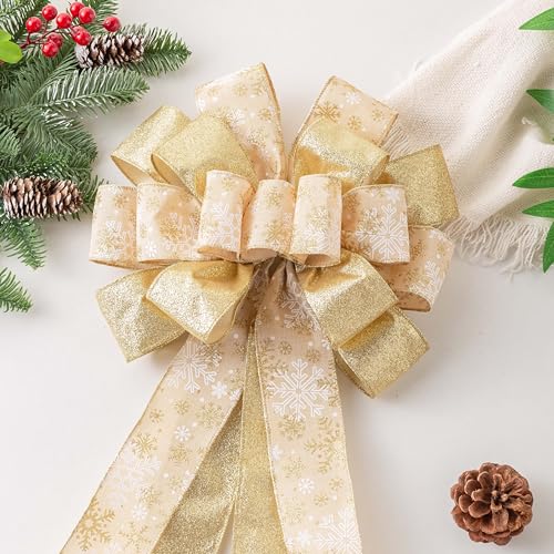Christmas Tree Topper, 40x13 Inches Toppers Bow with Glitter Satin Mesh Streamer and Patterned Ribbon, Christmas Tree Topper Bow for Christmas Home Decoration (White)