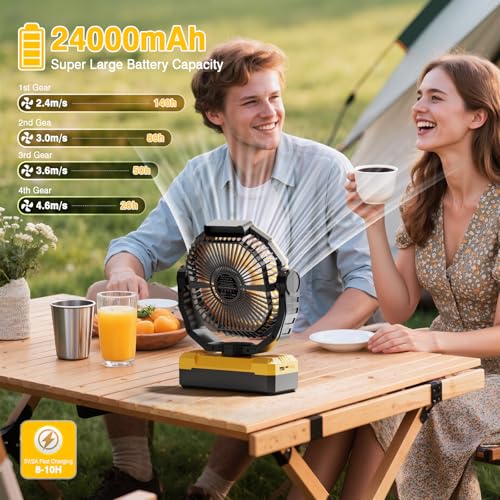 FRIZCOL 3-in-1 Camping Fan - Portable Fans Rechargeable - 24000mAh Battery Powered Fan(140Hrs) with Light & Remote for Indoor, Outdoor, Tent, Travel, BBQ, Fishing, Jobsite - Green