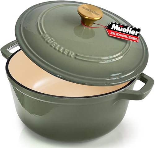 Mueller 6qt Enameled Cast Iron Dutch Oven, Heavy-Duty Casserole and Braiser Pan with Lid and Knob, Oven-Safe up to 500° F & Across All Cooktops, White