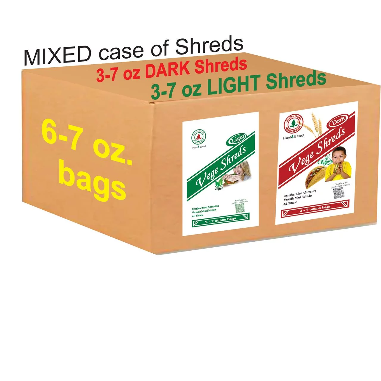 Vege Shreds Mixed Light & Dark, Veggie Meat, Shredded Beef, Shredded Chicken, 3-7 oz. bags of DARK Veggie Shreds, 3-7 oz. bags of LIGHT Veggie Shreds, FREE Shipping
