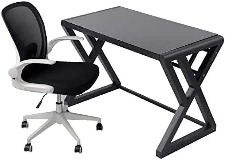 xrboomlife Home Office Desk and Chair Set  Breathable Mesh Computer Chair and Modern Glass Top Computer Desk with Metal Frame  Flip-Up Arms Foldable Backrest Rolling Swivel Chair  Home St