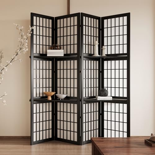 5.6FT Room Divider and Folding Portable Partition Screen, Chinese Japanese Shoji Style for Room Separation - 4 Panel (Natural)