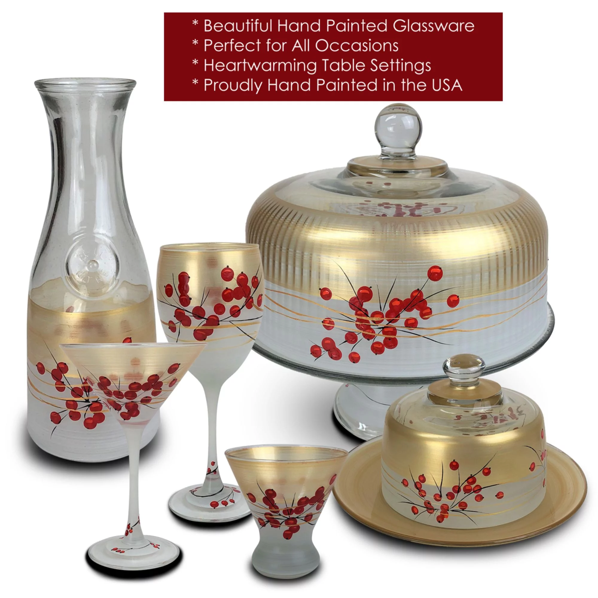 Crafted Creations Gold and Red Berries Hand Painted Frosted Glass Serving Carafe 34 oz.