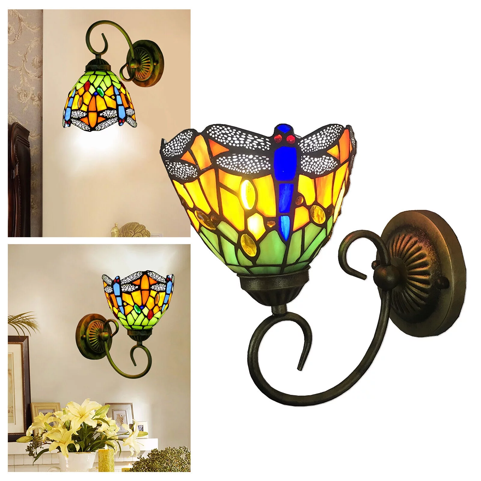 Miumaeov Dragonfly Stained Glass Wall Lamp LED Classic Tiffany Wall Sconce Bedroom Decor