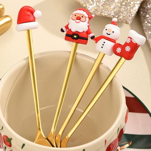 Upkoch Christmas Spoon Set, Christmas Coffee Spoons Teaspoon Stainless Steel Dessert Coffee Tea, Holiday Party Tableware, Figurine Design, Gold, 6 Pack with Red Box