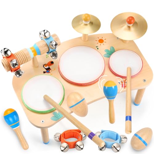 WINGYZ 11-in-1 Kids Drum Set – Montessori Baby Musical Toys & Wooden Musical Instruments for Toddlers 1-3, Music Table with Bongo Drums, Cymbals, Maracas & Wrist Bells for Early Rhythm Play