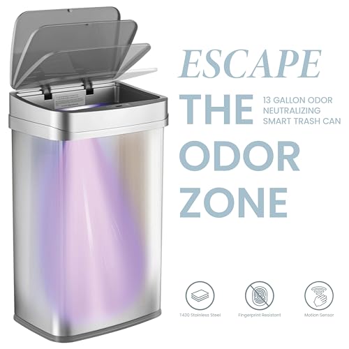 Ninestars Nova Series 13 Gallon Odor Elimating Automatic Kitchen Trash Can Automatic Odor Control Motion Sensor Garbage Bin, 50 Liter Smart Opening Stainless Steel, Silver