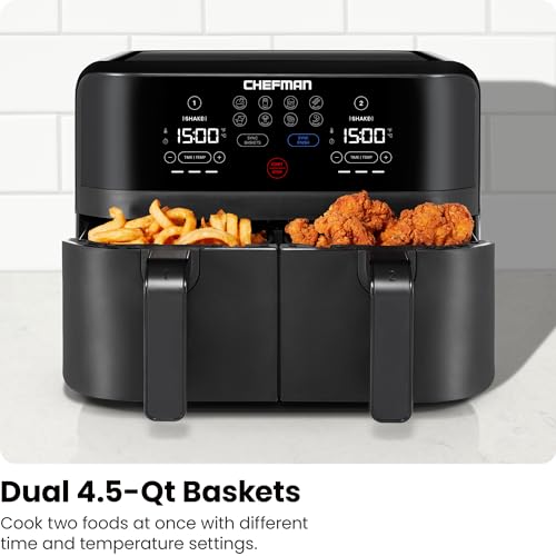 Chefman 6 Quart Dual Basket Air Fryer - Digital Touchscreen, Smart Sync Finish, Hi-Fry, Auto Shutoff, 2 Independent 3QT Nonstick Dishwasher-Safe Frying Baskets - Digital Double Air Fryer - Black