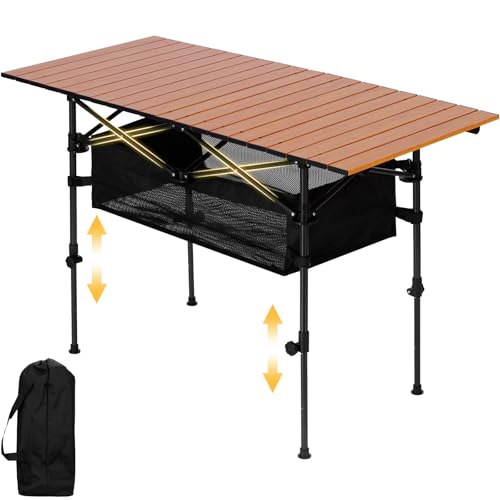 Portable Folding Camping Table, 4-6 Person Aluminum Outdoor Picnic Table with Storage Carry Bag, Adjustable Height Lightweight Camp Table for Beach, Picnic, BBQ and Indoor Use