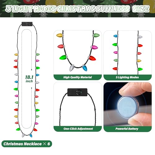 Light up Christmas Necklace, 4pcs Xmas Bulb Necklaces Accessories Bulk, Colorful Glow 3D Xmas Bulb Necklaces Decor, 3 Modes Light Necklace Decor for Ugly Sweater New Year Family Party Supplies