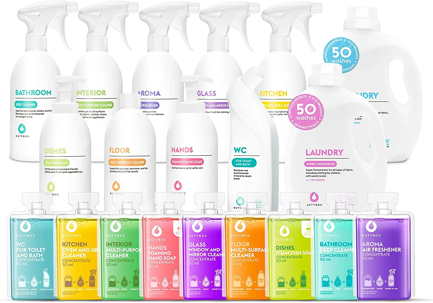 DutyBox Starter Pack - Household Cleaning Supplies, All Purpose Set of Everyday Cleaners, Multi-Surface Products for Bathroom, Kitchen, Dining Room and Laundry (11 Products, 6 Month Family Supply)