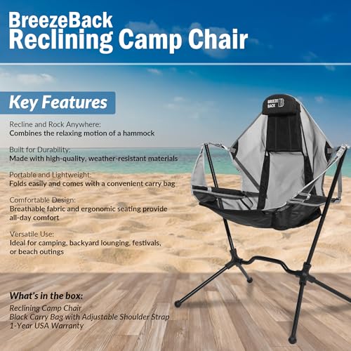 Reclining Rocking Camping Chair – Lightweight Foldable Outdoor Chair with Smooth Rocking Motion, Adjustable Recline, Padded Headrest, Cup Holder, Mesh Back, Carry Bag – 250 lb Capacity