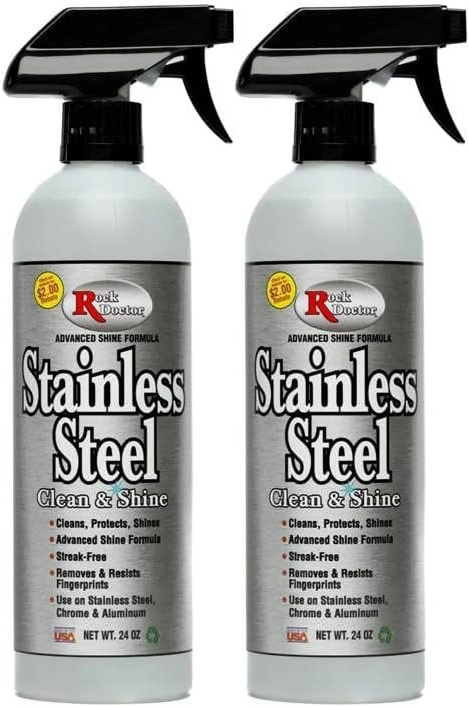 Rock Doctor Stainless Steel Cleaner and Protectant, Streak-Free Cleaning Solution for Chrome and Aluminum Appliances or Surfaces, Smudge Resistant Shine, 24 oz. Spray Bottle  Pack of 2