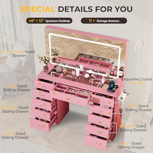 Vanity Desk with Mirror and Lights, 11 Drawers Makeup Vanity Desk with Tempered Glass top, 3 Lighting Modes Adjustable Brightness, White Vanity with Magnetic 5X Magnifier for Bedroom