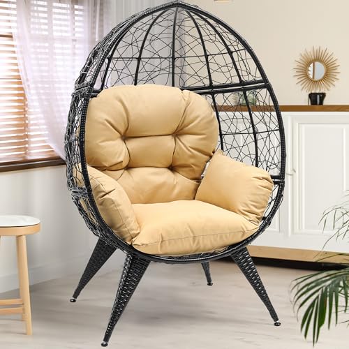 YITAHOME Oversized Wicker Egg Chair for Indoor and Outdoor Use with Stand, Cushion, and Leveling Feet, Large Lounger for Patio, Garden, Backyard, Balcony, Supports up to 330lbs, Grey