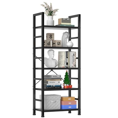 Sweetcrispy Book Shelf, 5 Tier Bookcase, Modern Tall Bookshelf for Garage Kit, CDs, Movies, Industrial Corner Storage Organizer for Bedroom Home Office Kitchen Living Room, Black