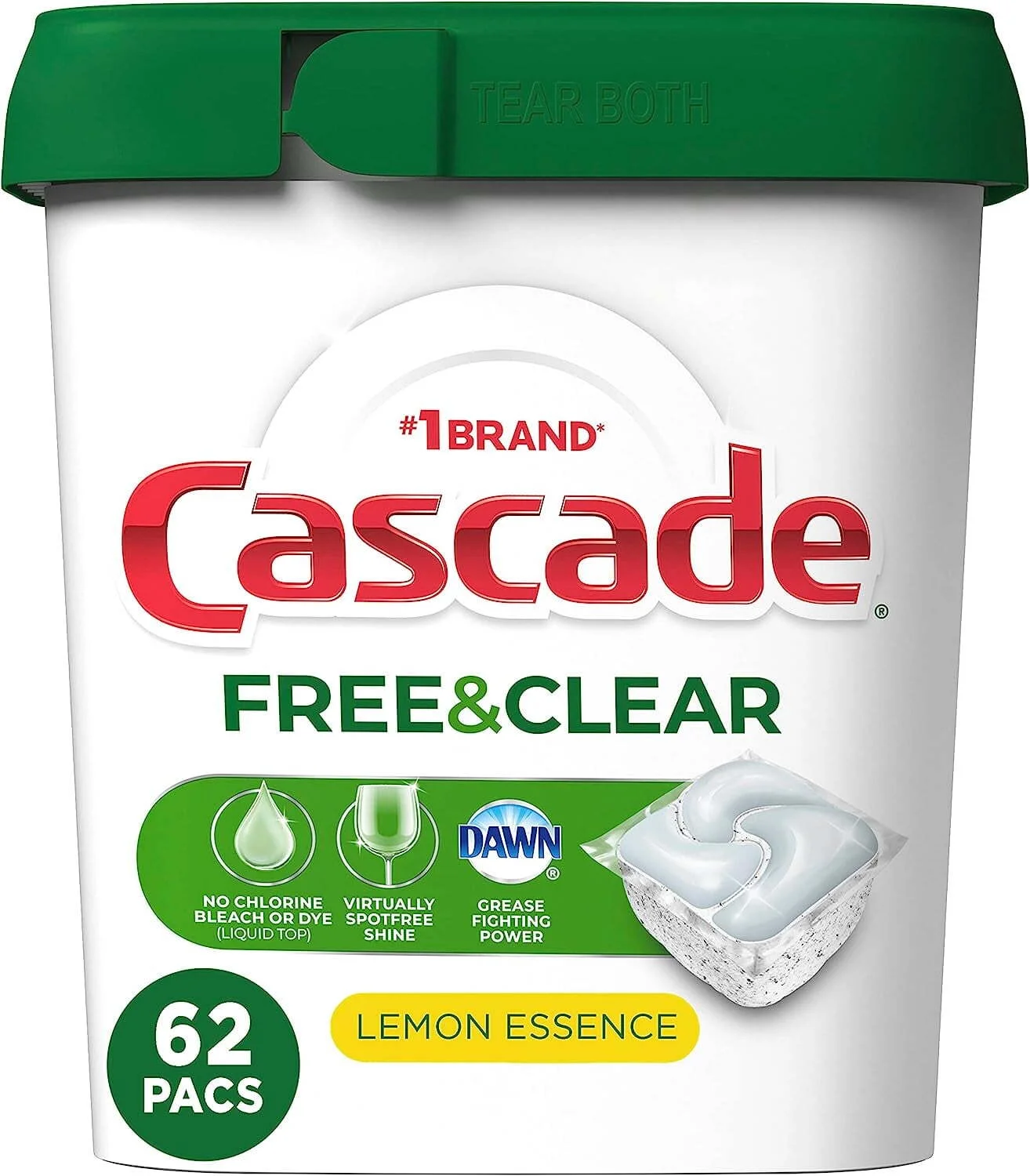 Cascade Free & Clear Action Pacs, Dishwasher Detergent, Lemon Essence, 62 Count
