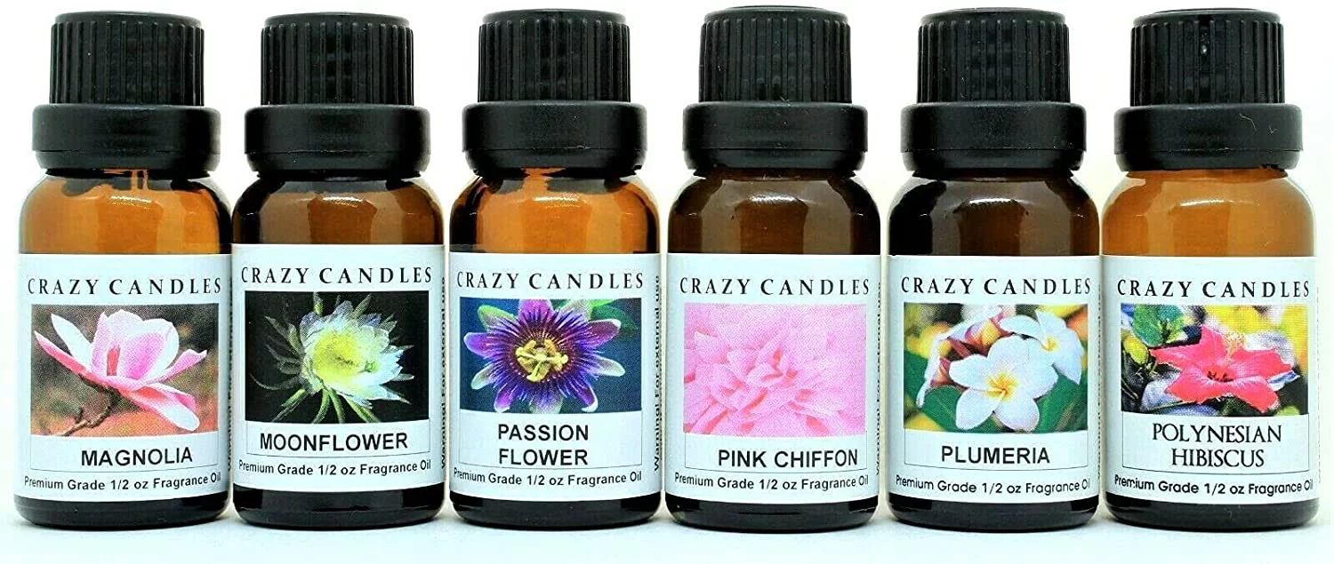 Crazy Candles 6 Bottle Set: Magnolia, Moonflower, Passion Flower, Pink Chiffon, Plumeria, Polynesian Hibiscus 1/2 FL Oz Each (15ml) Premium Grade Scented Fragrance Oil