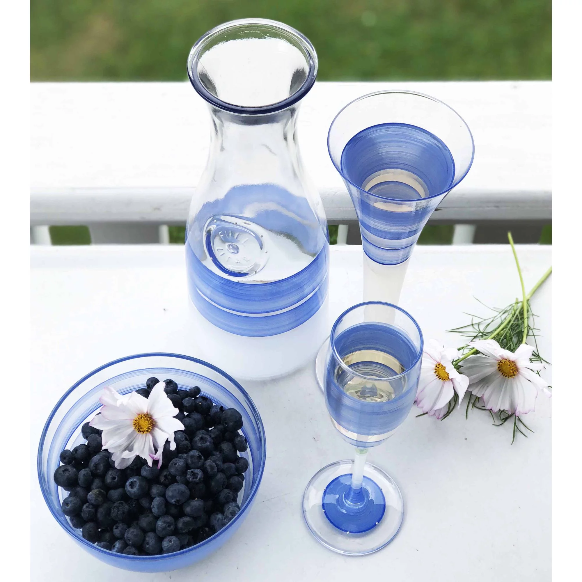 Golden Hill Studio Set of 2 Blue and Clear Retro Striped Wine Glasses 5.75 oz.