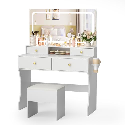 Pamapic Vanity Desk with Upgraded Silent Slides, 3-Piece Makeup Vanity with Movable Storage Cabinet, Golden Handles, 8 Drawers and 3 Lighting Modes Dressing Table with Lights and Charging Station
