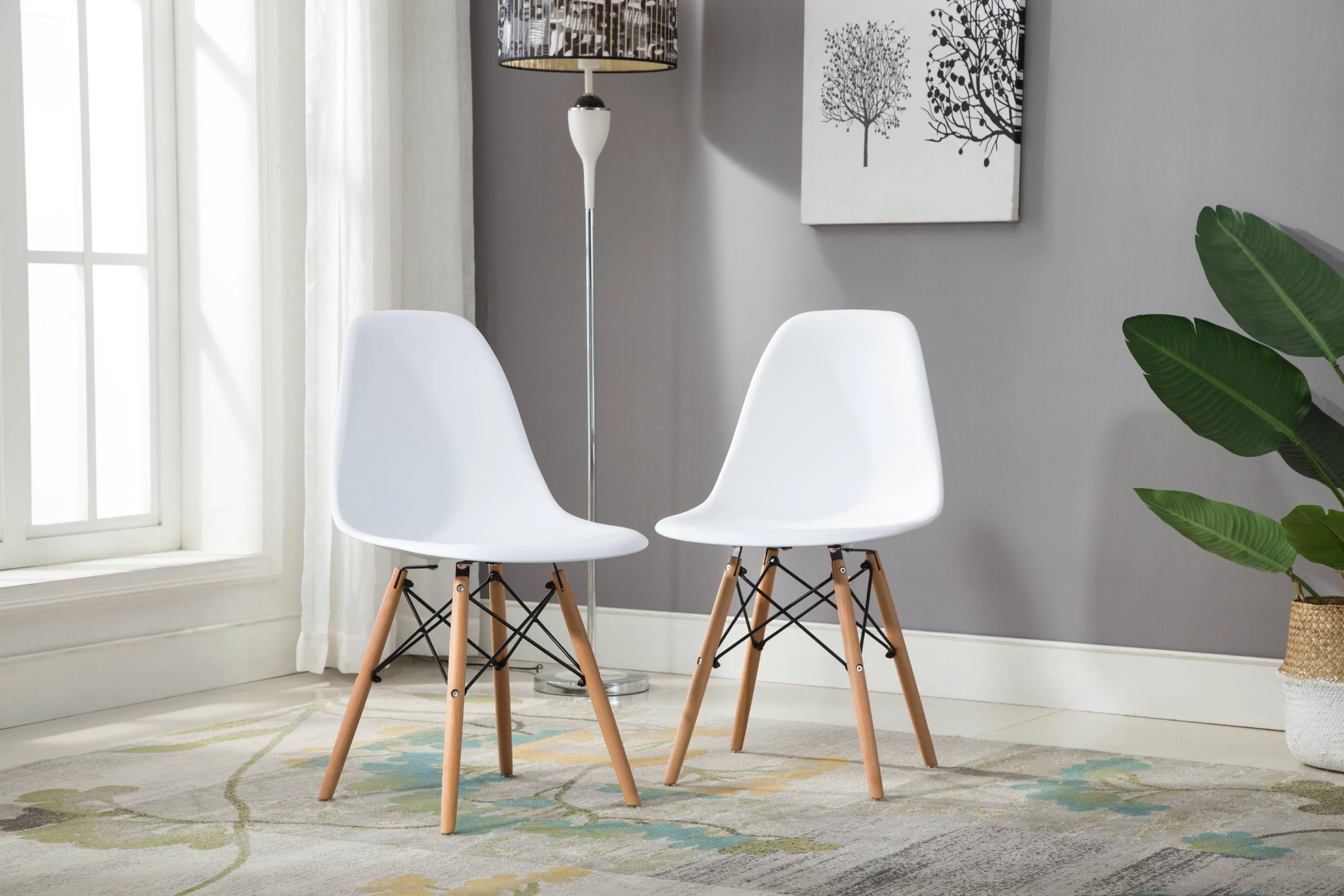 Porthos Home Dining Chair Set of 2 Stylish, Modern Dining Chairs in White with Flattering Beech Wood Legs, Great Designer Side Chairs for Home or Business, Size 32 x 18 x 21 inches Eames Style