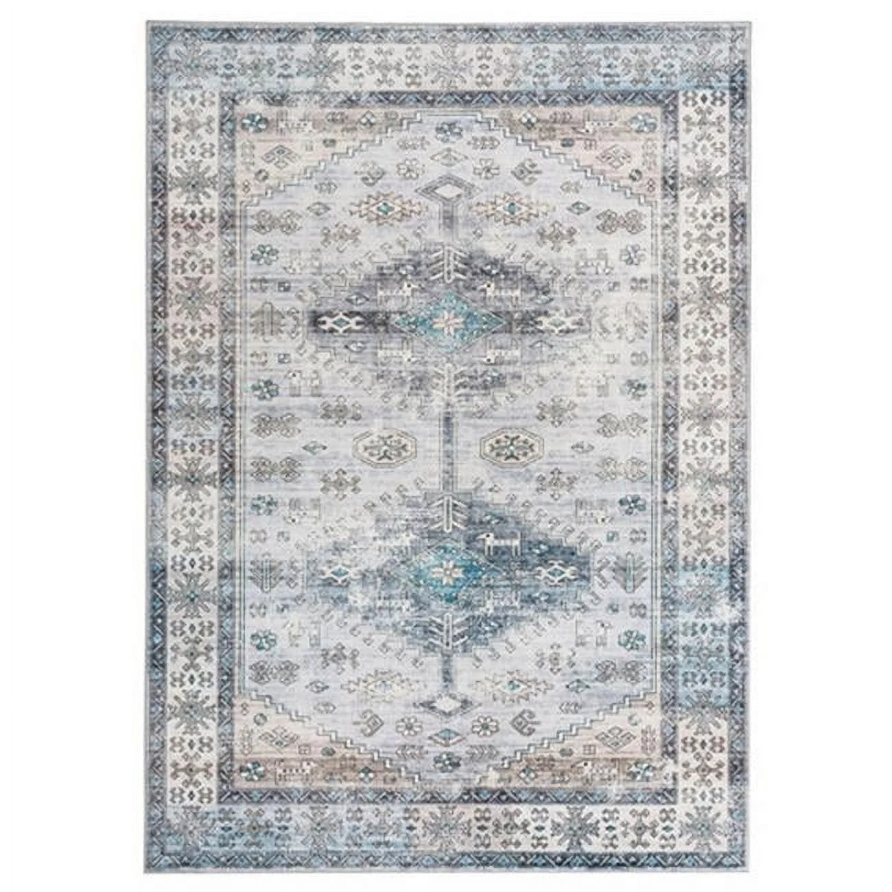 7 x 5 ft. Nyx Vintage Blue Border Design Soft Fabric Floor Area Rug - White - Medium