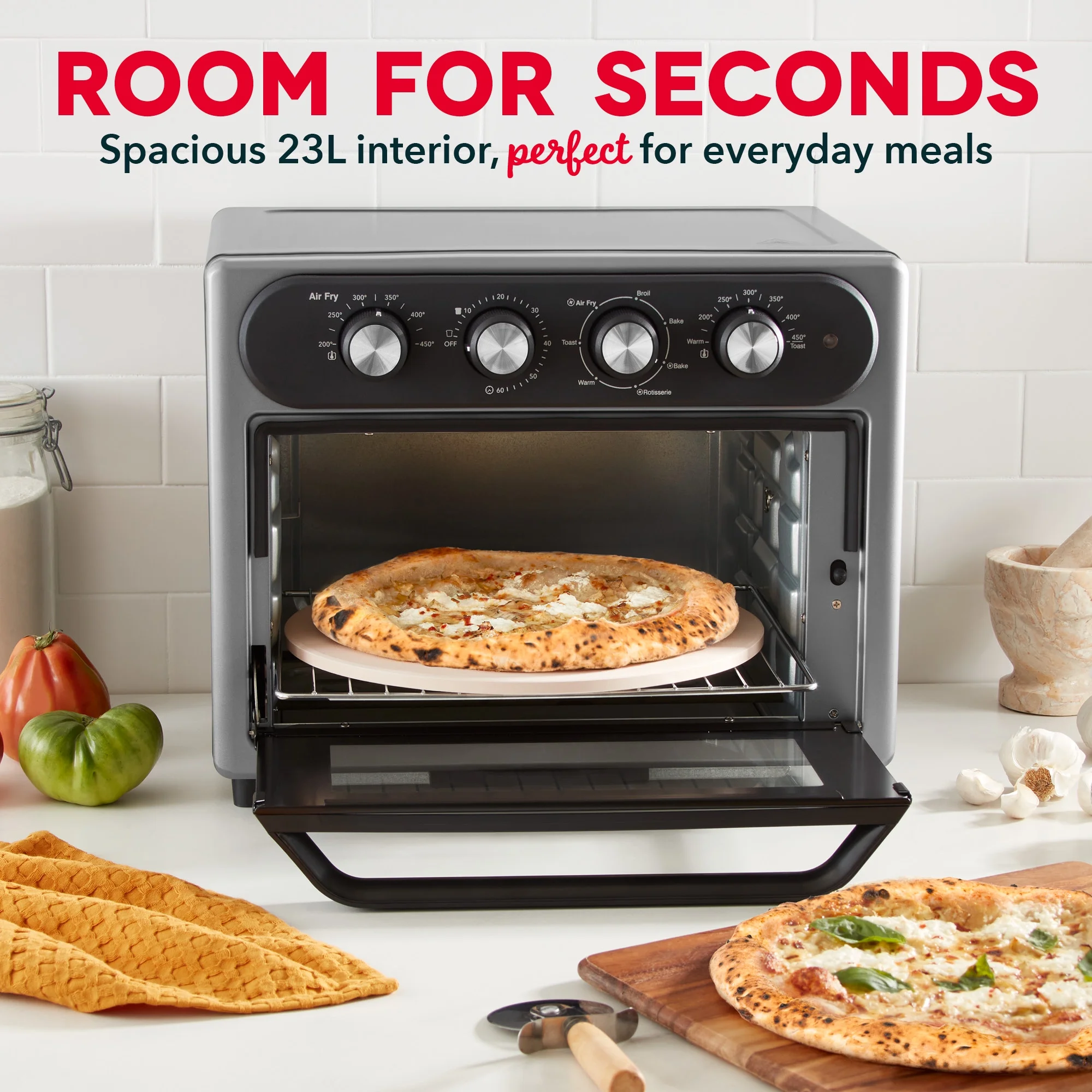 Dash Chef Series 7 in 1 Convection Air Fryer Oven With Non-Stick Fry Basket, Baking Pan & Rack, 23L, 1500 Watt