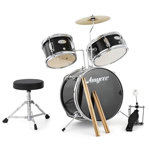 Drum Set, 3 Piece Junior Drum Set with with Cymbal, Tom, Bass Drum, Drumsticks, Bass Pedal and Drum Stool, Beginner Musical Instruments,Black