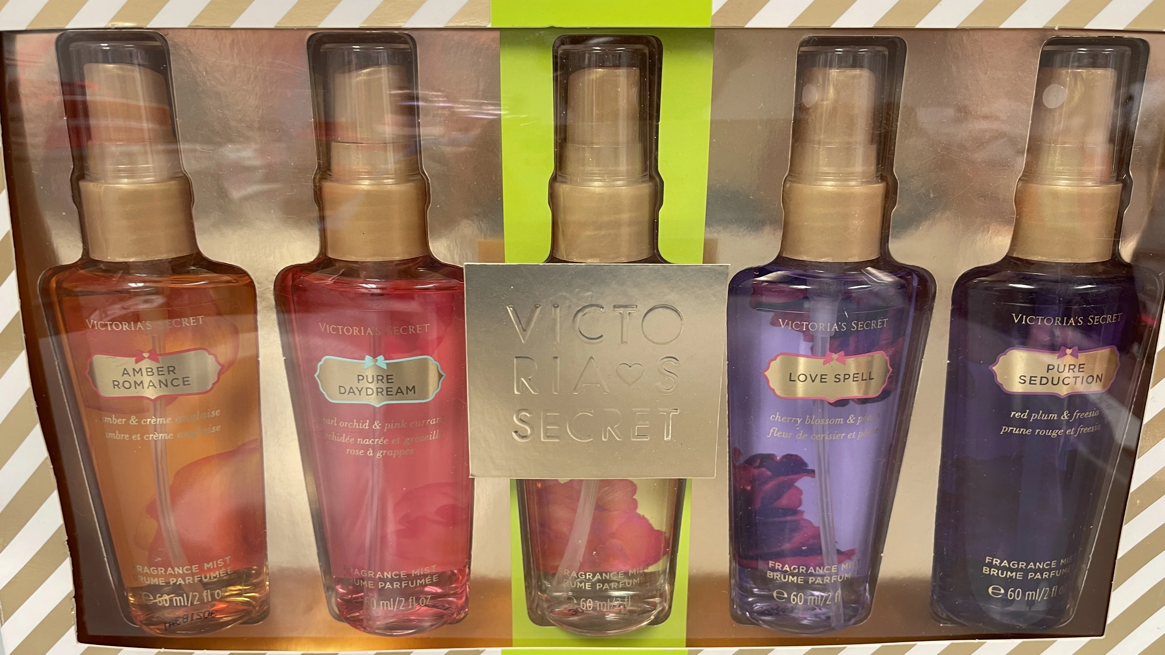 Victoria's Secret Fragrance 5 Piece Mist Set. Amber Romance Pure Daydream Hello Darling Love Spell Pure Seduction 2 FL oz