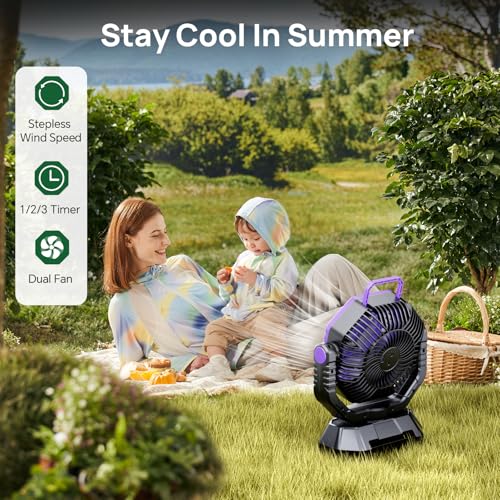 AJVV Camping Fan, 20000mAh Portable Rechargeable Battery Powered Fan with Stepless Wind Speed, Personal Desk USB with Light for Outdoor, Home, Tent, Fishing, Camping