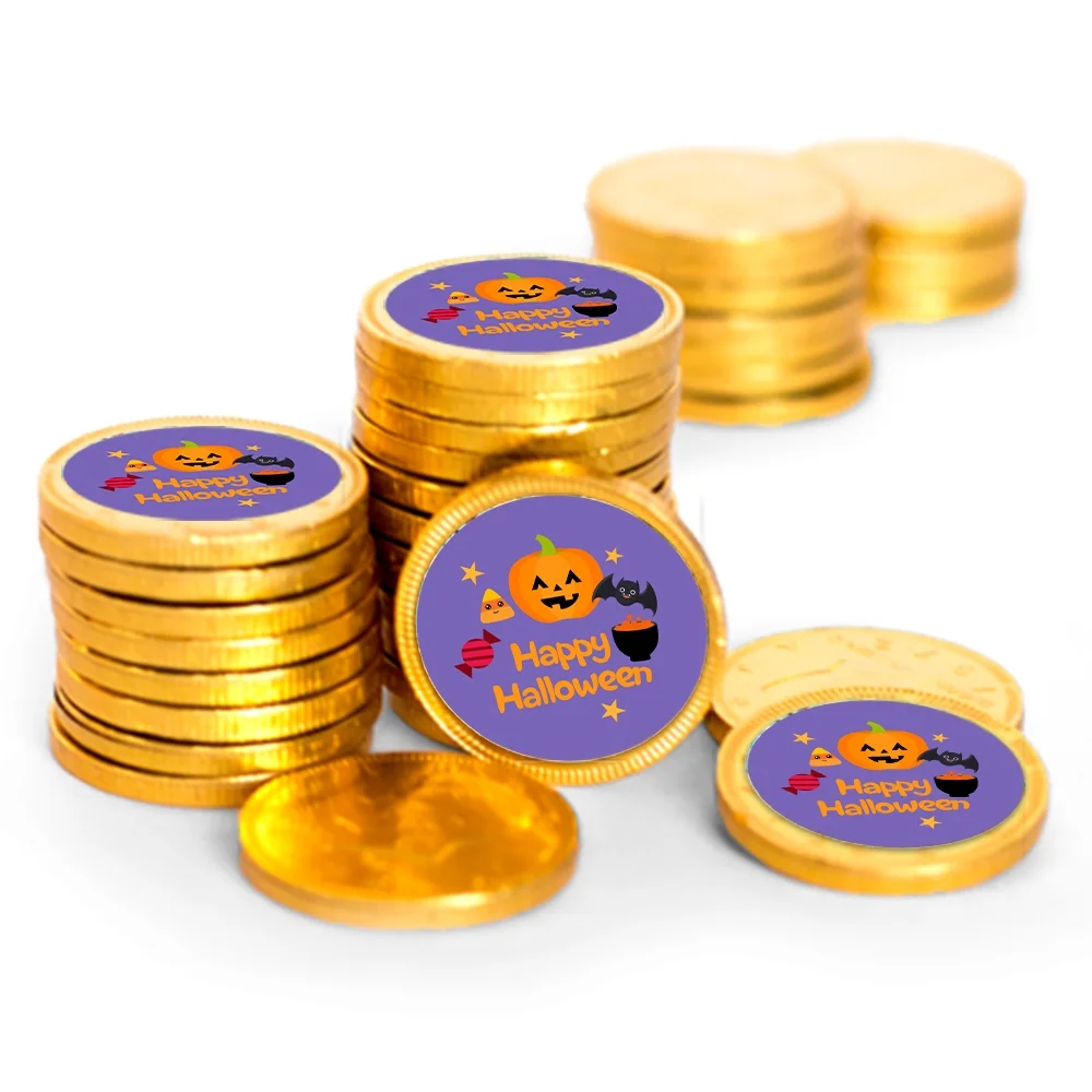 84 Pcs Halloween Candy Party Favors Chocolate Coins - Gold Foil - Pumpkin & Bats